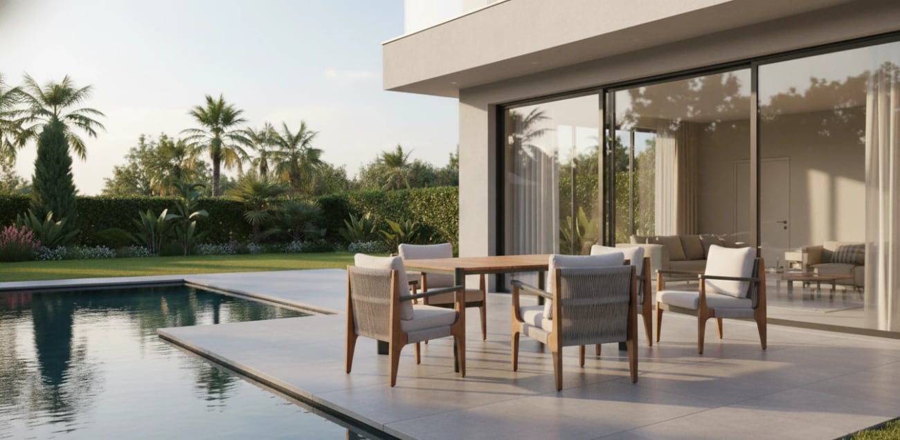 A Baxcha outdoor dining set on a terrace