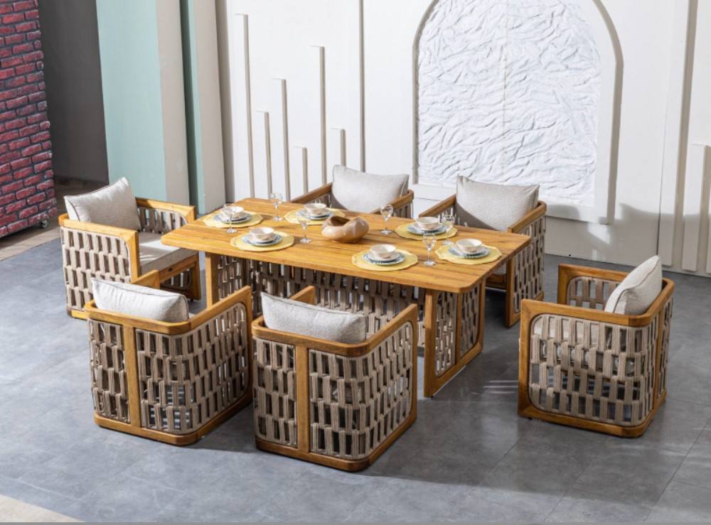 A Baxcha outdoor dining set arranged for a meal